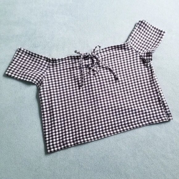 Pacsun B&W Cottagecore Style Gingham Print Off the Shoulder Lace Up Crop Top - Picture 1 of 6